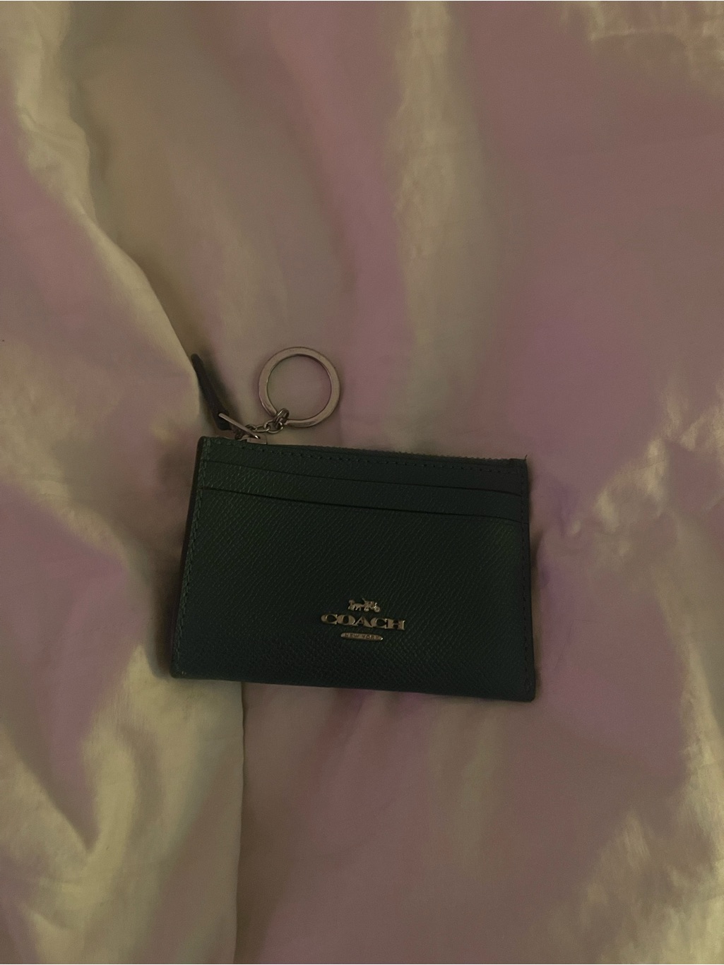 Coach Dark Green Leather Card Holder With Key Ring